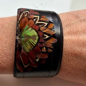 Black Leather Cuff with Feather Design